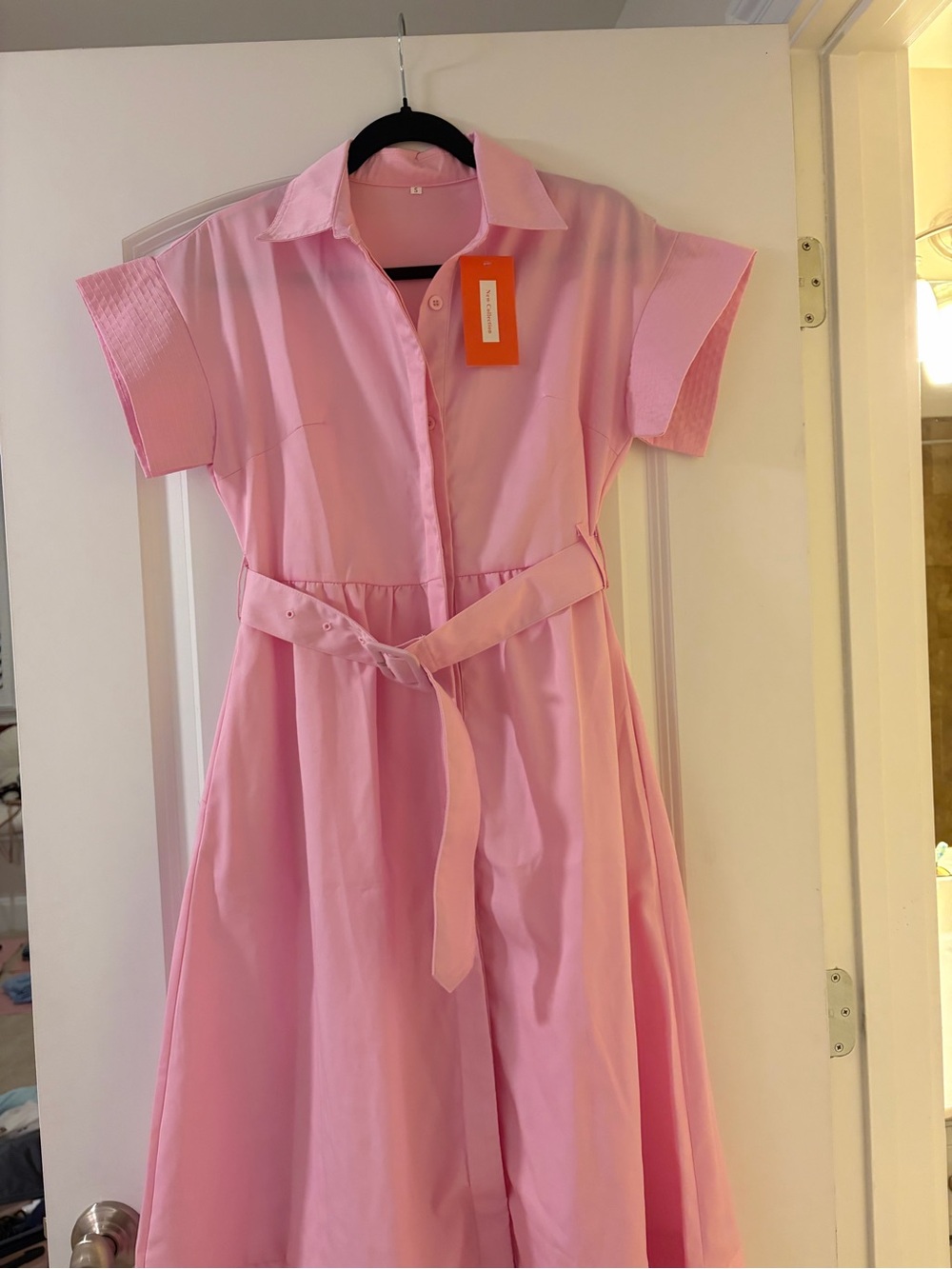 Pink Midi Shirtdress with Waist Tie